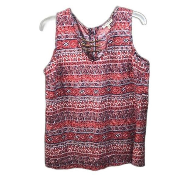 Vintage-Inspired Mileage Sleeveless Red & Blue Patterned Blouse With Keyhole Det - Picture 1 of 15